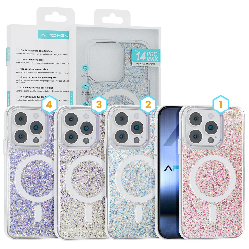 Capa Apokin para iPhone 14 Pro Max Acrílica com Purpurina e MagSafe Variedade de cores