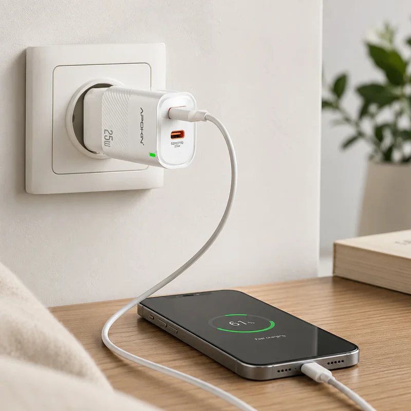 Carregador de Parede Apokin USB-C e USB-A 25 W 3,0 A com Cabo USB-C Branco - Imagem 3