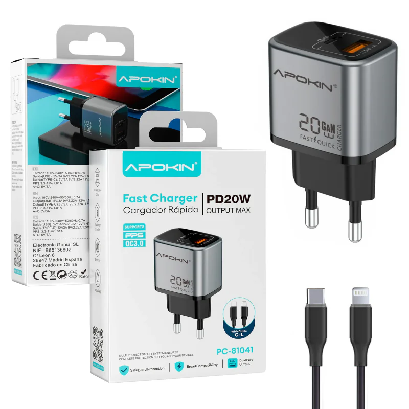 Carregador de Parede Apokin USB-C e USB-A 20 W 3.0 A com Cabo Lightning Vermelho