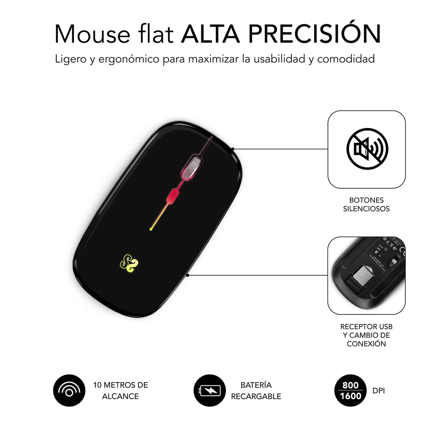 Rato Sem Fios Subblim LED Dual Flat Bluetooth + 2,4 GHz Recarregável 1600 DPI Preto - Imagem 5