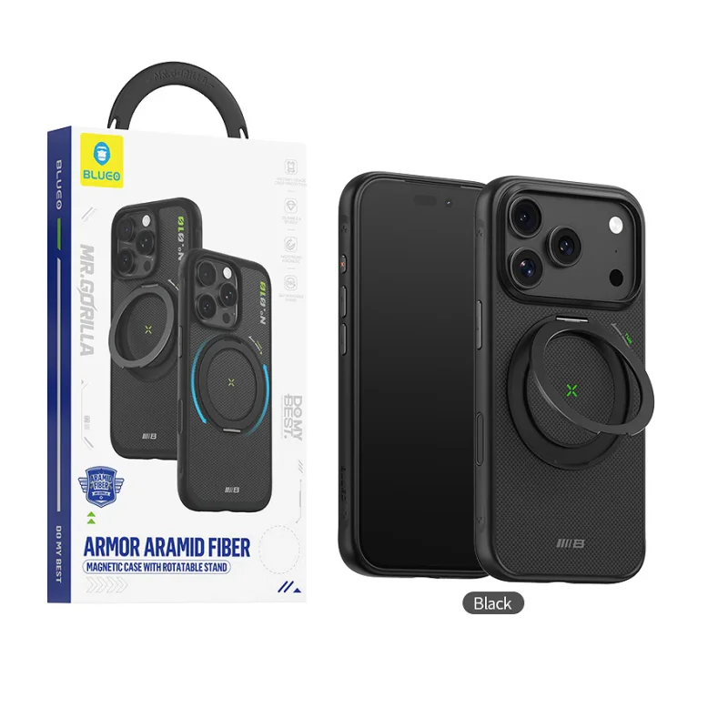 Capa Apokin Armor em Fibra de Aramida com Anel Magnético e Suporte para iPhone 17 Pro e 18 Pro Preto - Imagem 2