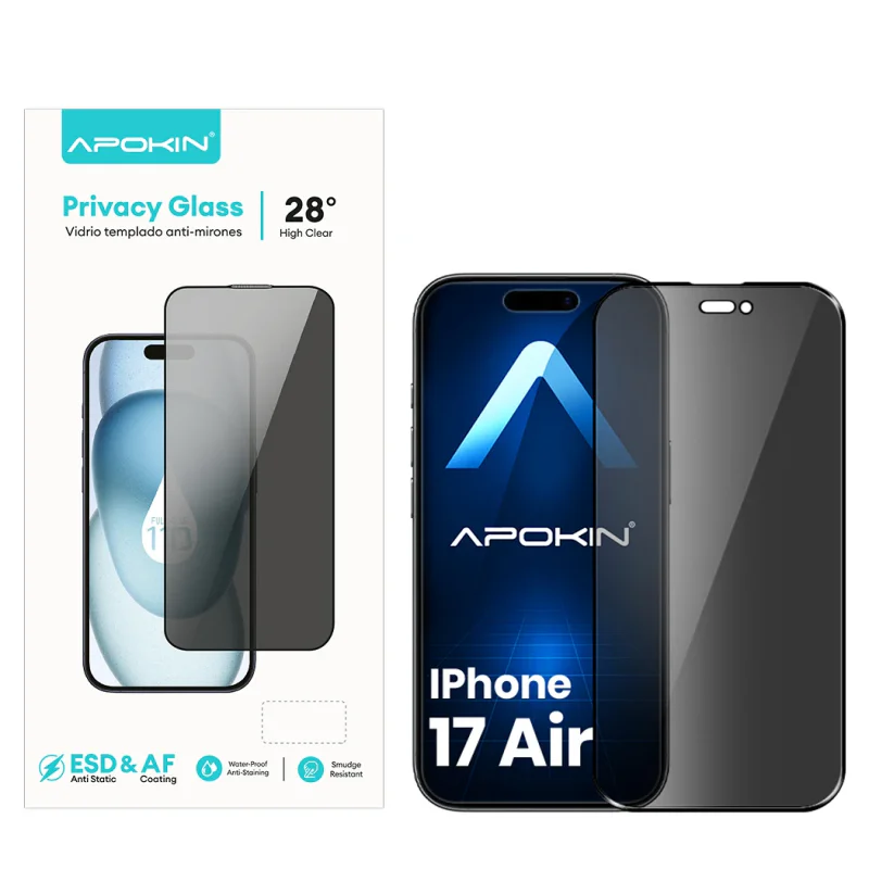 Protetor de Ecrã Apokin para Apple iPhone 17 Air Vidro Temperado 5D Curvo Privacidade Preto