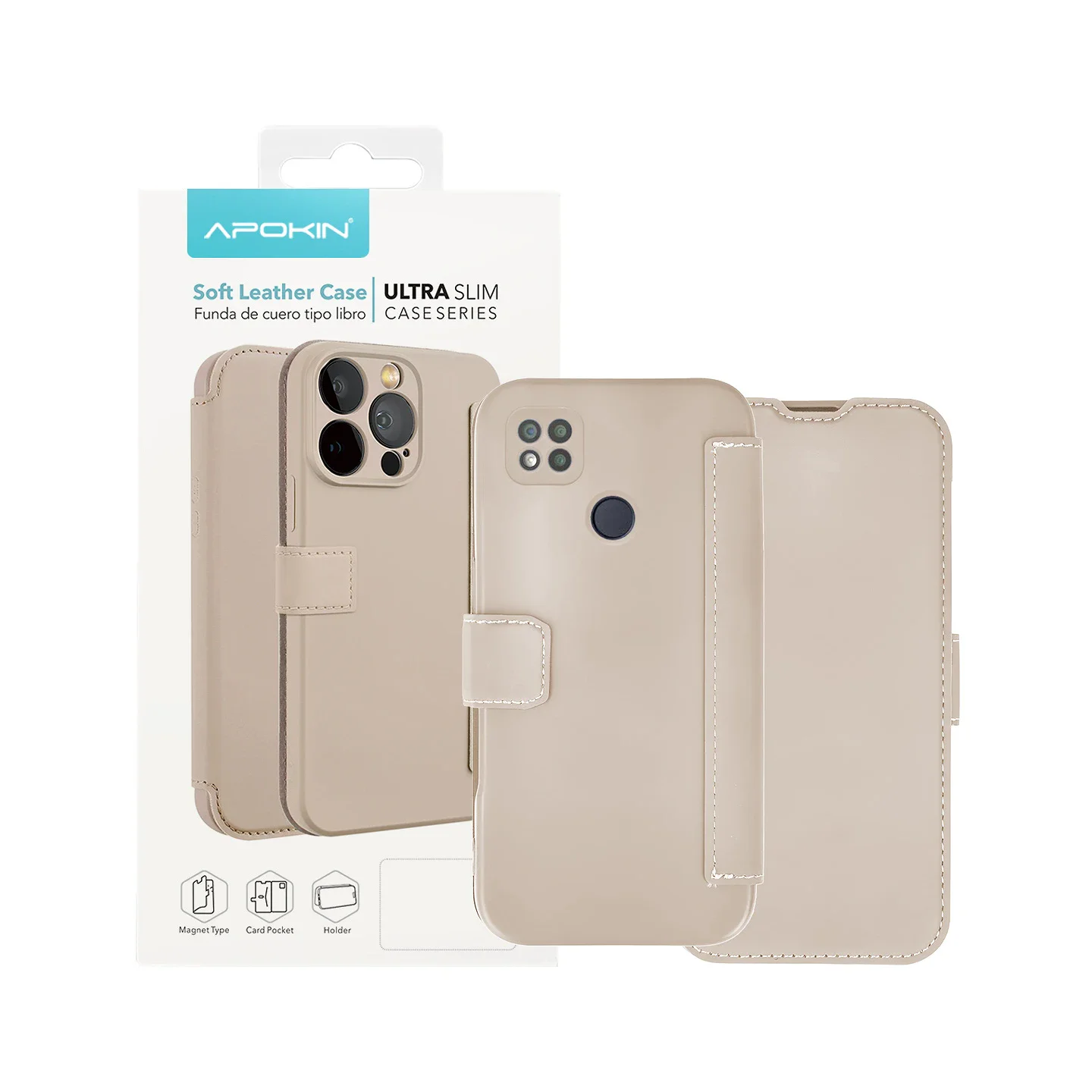 Capa Tipo Livro Apokin para Xiaomi Redmi 9C, Couro Macio Ultra Slim Rosa Claro - Imagem 1