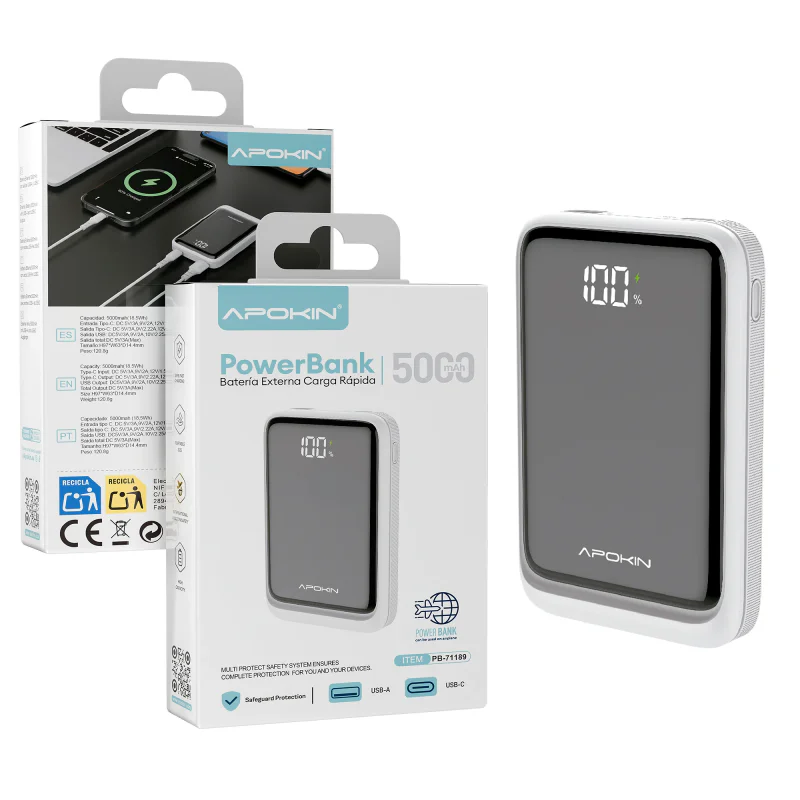 Power Bank Apokin 5.000 mAh Carregamento Rápido 18.5 W Branco