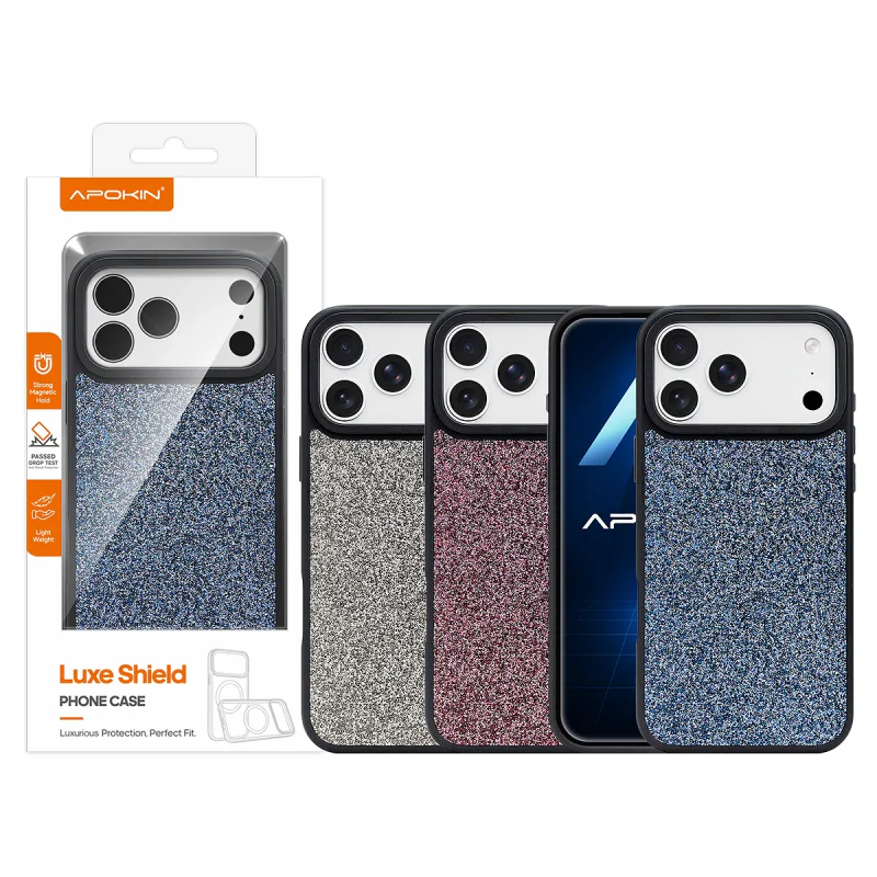 Capa Magnética Diamante Brilhante Apokin com Borda Preta para iPhone 16 Pro Max Azul