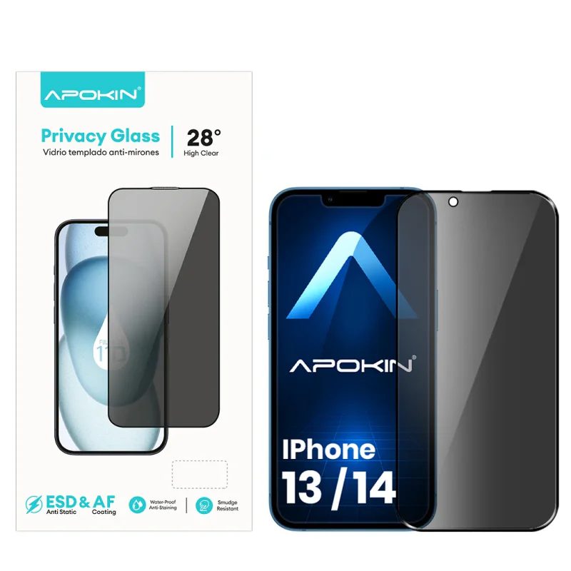 Película de Vidro Temperado de Privacidade Apokin para Apple iPhone 13 / 13 Pro / 14 / 16e / 17e 5D Preto