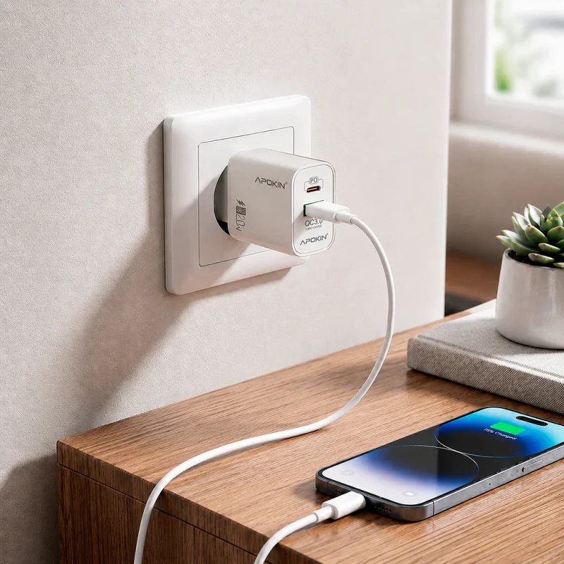 Carregador de Parede Apokin USB-A e USB-C PD 20 W com Cabo USB-C para USB-C Branco - Imagem 2