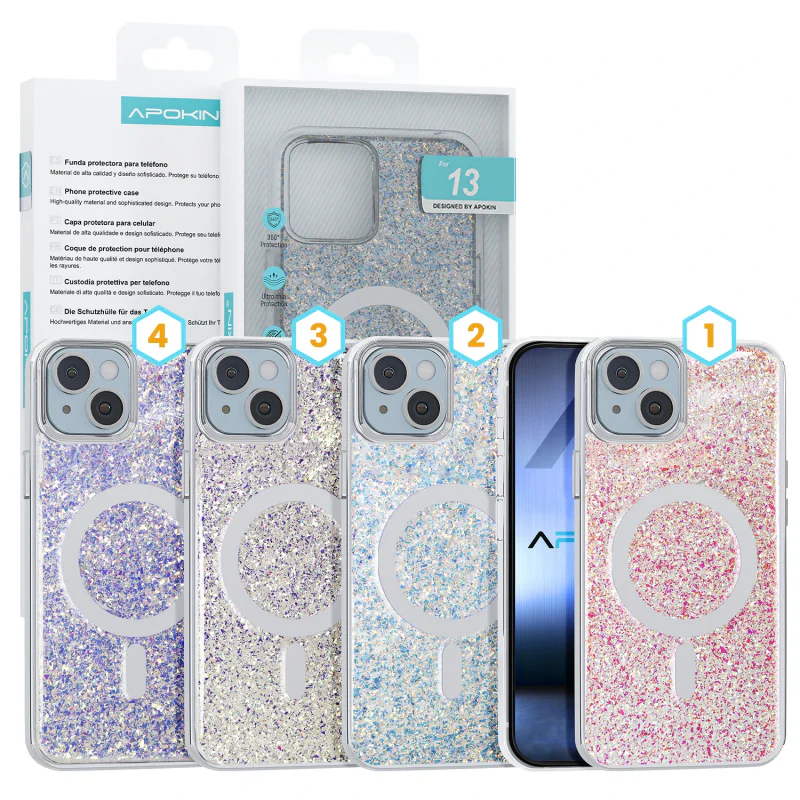 Capa Apokin para Apple iPhone 13 Acrílica com Purpurina e MagSafe Variedade de cores