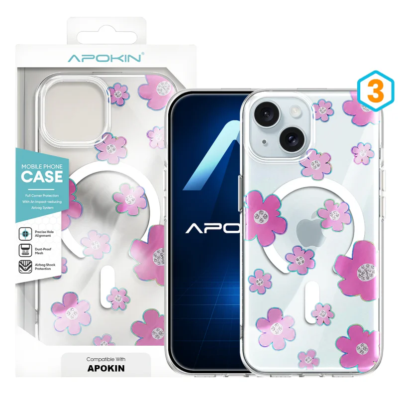 Capa MagSafe Apokin para iPhone 15 Transparente com Flores Cor-de-rosa 2 - Imagem 4