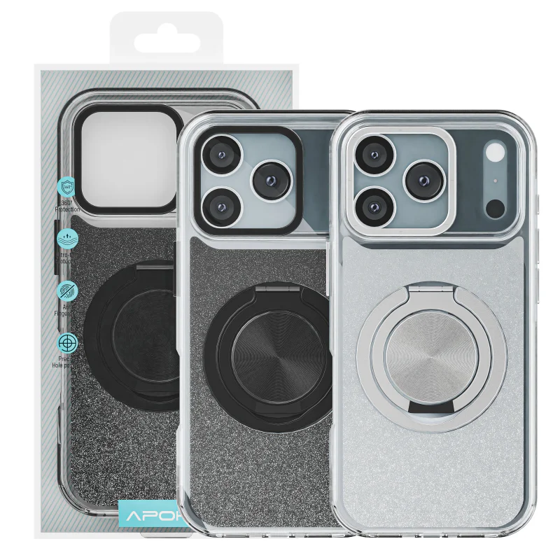 Capa Apokin para iPhone 17 Pro Purpurina com Suporte 360 Preto