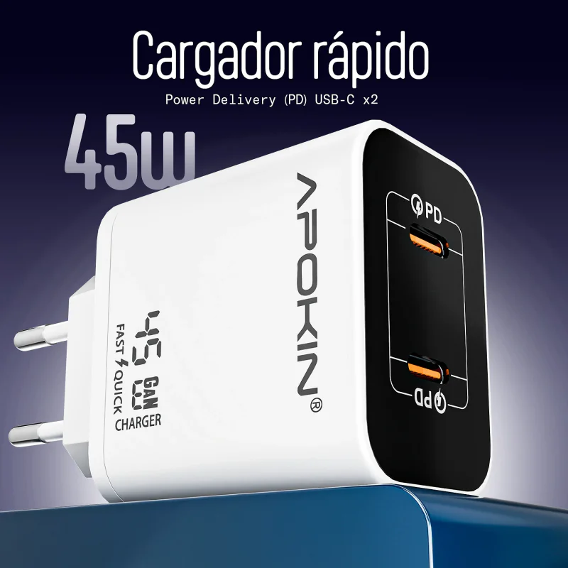 Carregador de Rede Apokin Duplo USB-C 45 W Branco - Imagem 2