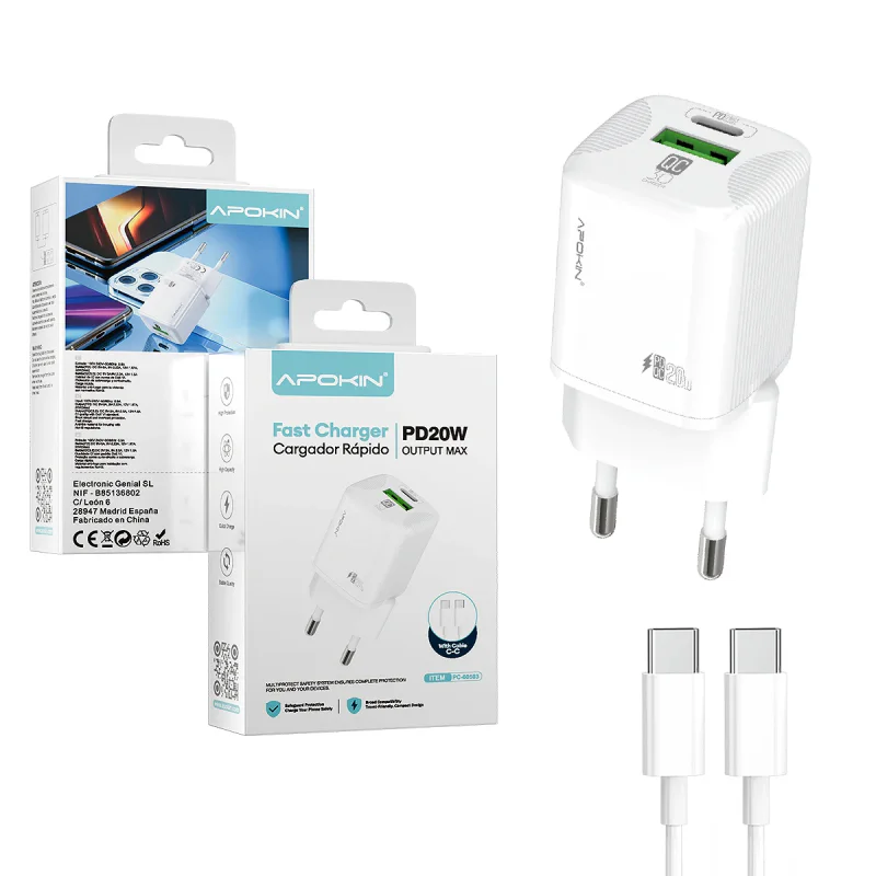 Carregador de Parede Apokin PC820Y Duplo USB-A e PD 20 W 3.0 A Branco