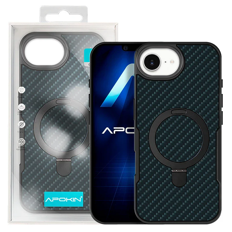 Capa Apokin para iPhone 16e Efeito Carbono com Anel e Suporte
