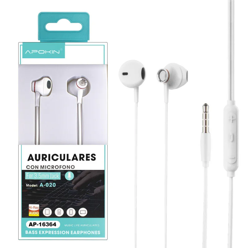 Auriculares Apokin A020/021 Metálicos com Microfone Branco