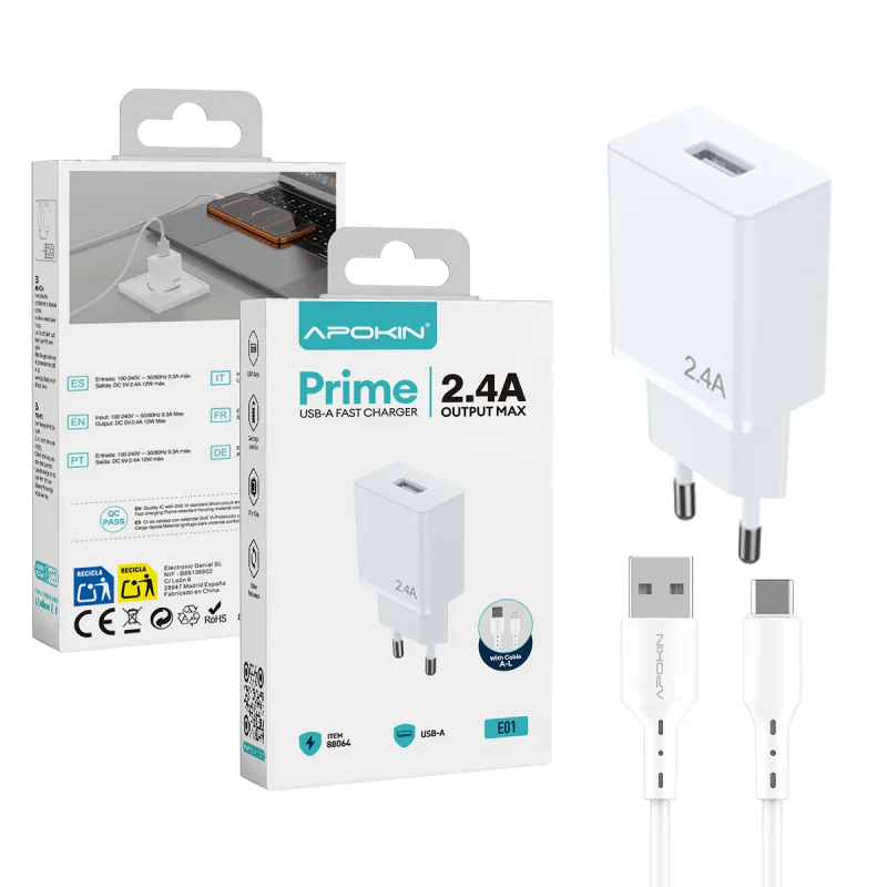 Carregador de Parede Apokin E01 com Cabo USB-A para Lightning Branco
