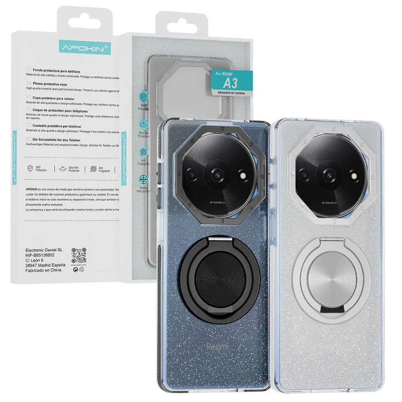 Capa Apokin para Xiaomi Redmi A3 Purpurina com Suporte 360 Prata