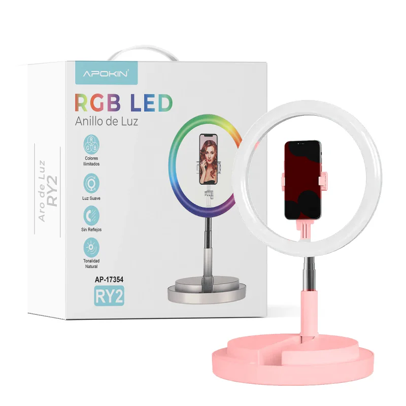 Ring Light Apokin LED RGB 26 cm com Suporte Ajustável até 168 cm Rosa