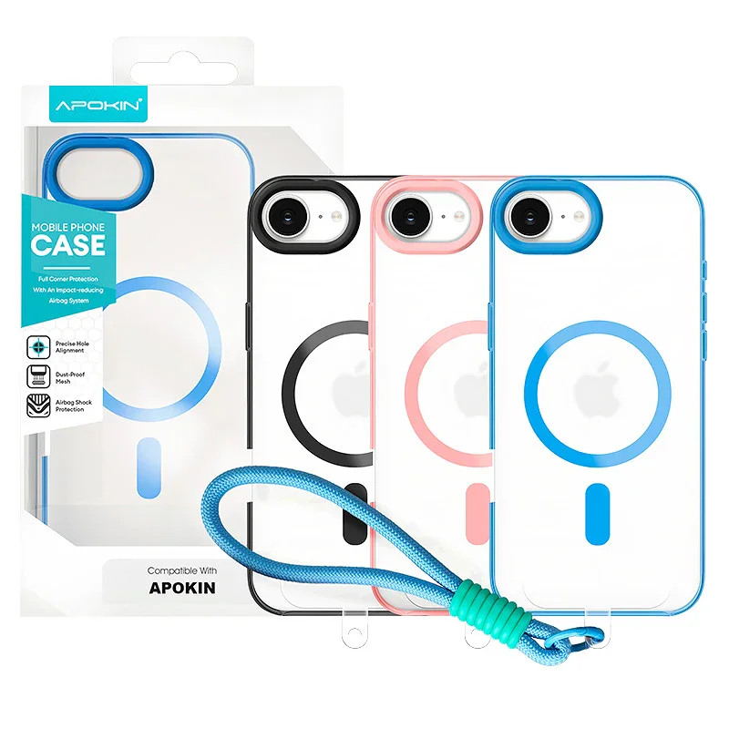 Capa de Silicone Apokin com Correia e MagSafe para iPhone 16e / 17e Rosa