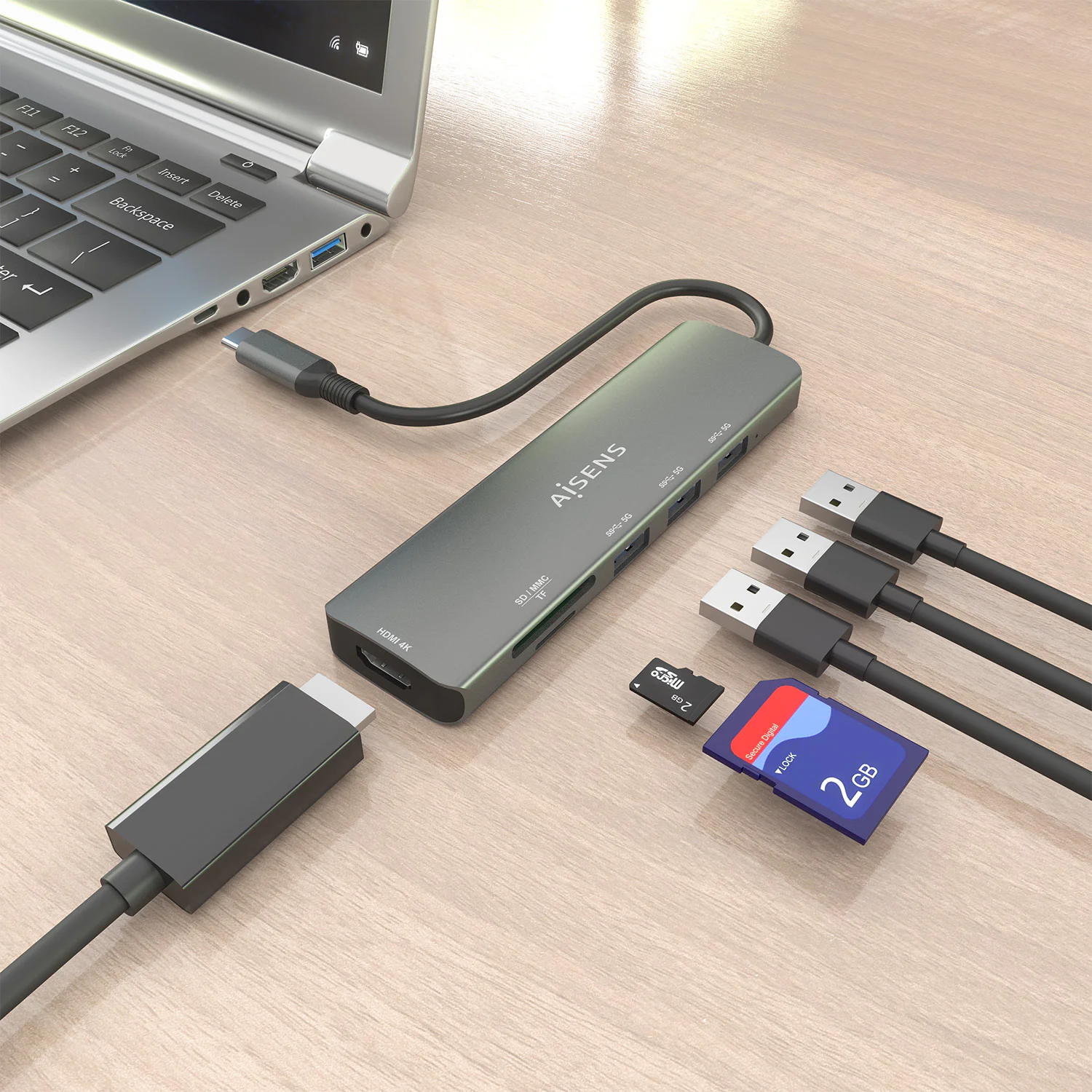 Dock USB-C Aisens ASUC-6P024-GR 1x HDMI 4K 3x USB 1x Leitor de Cartões Cinzento - Imagem 4