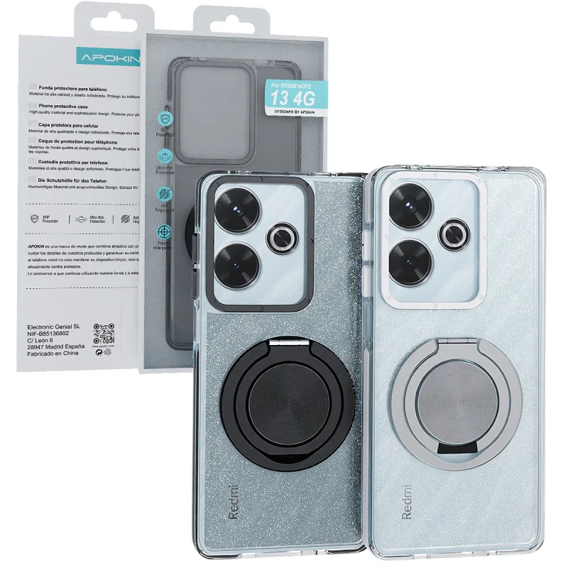 Capa Apokin para Xiaomi Redmi 13 4G Purpurina com Suporte 360 Preto