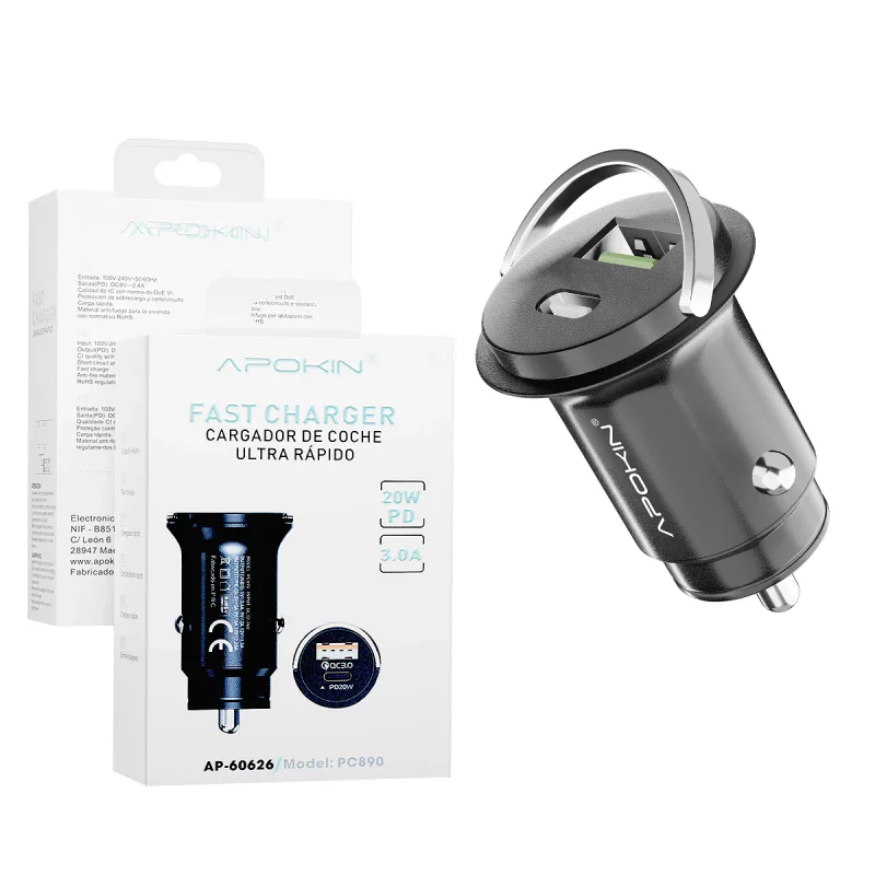 Carregador de Isqueiro Apokin Duplo 20 W QC 3.0 USB-A e USB-C Preto