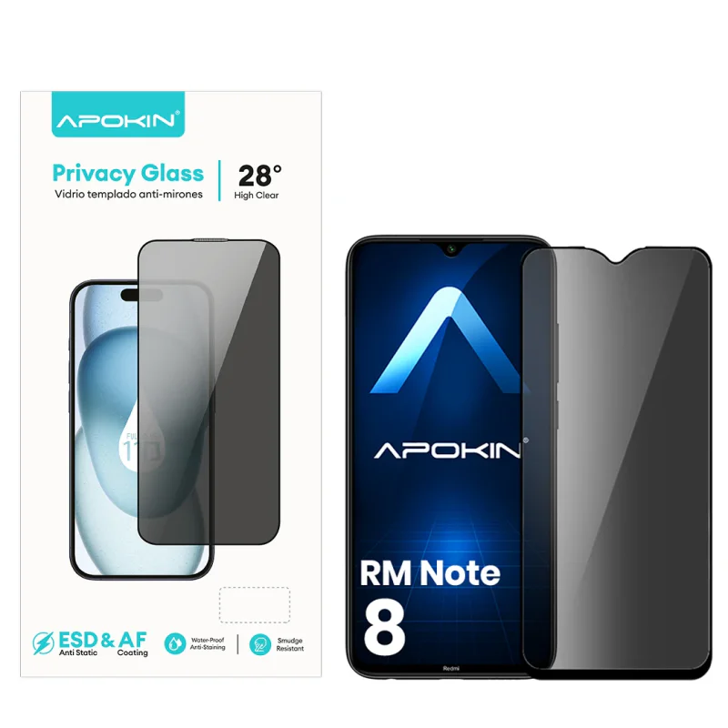 Película de Vidro Temperado Apokin Privacidade 5D Curvo para Xiaomi Redmi Note 8 Preto - Imagem 1
