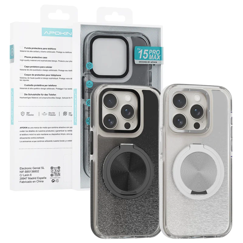 Capa Apokin para iPhone 15 com Purpurina e Suporte 360 Prata - Imagem 1