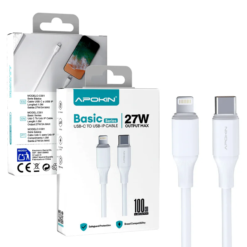 Cabo USB-C para Lightning Apokin Série Básica 27 W Branco