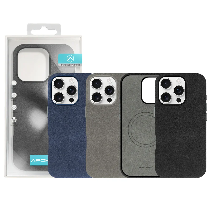 Capa Apokin para iPhone 16 Pro Max Pele Alcantara Azul