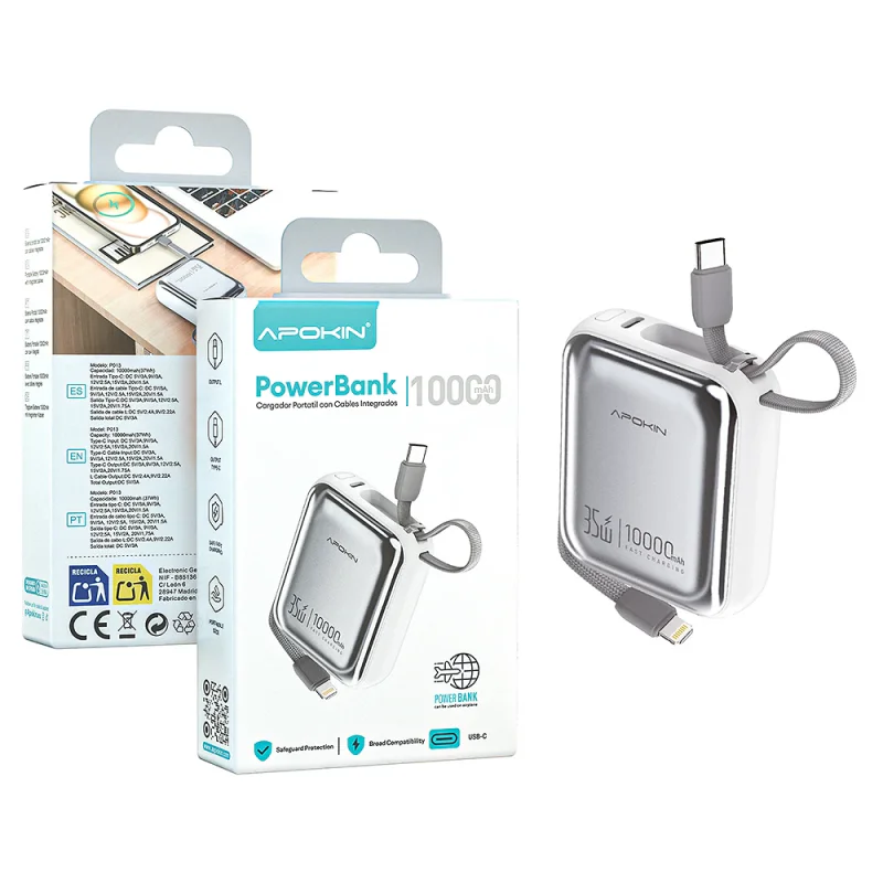Powerbank Portátil Apokin 10 000 mAh Tipo-C e Lightning Branco