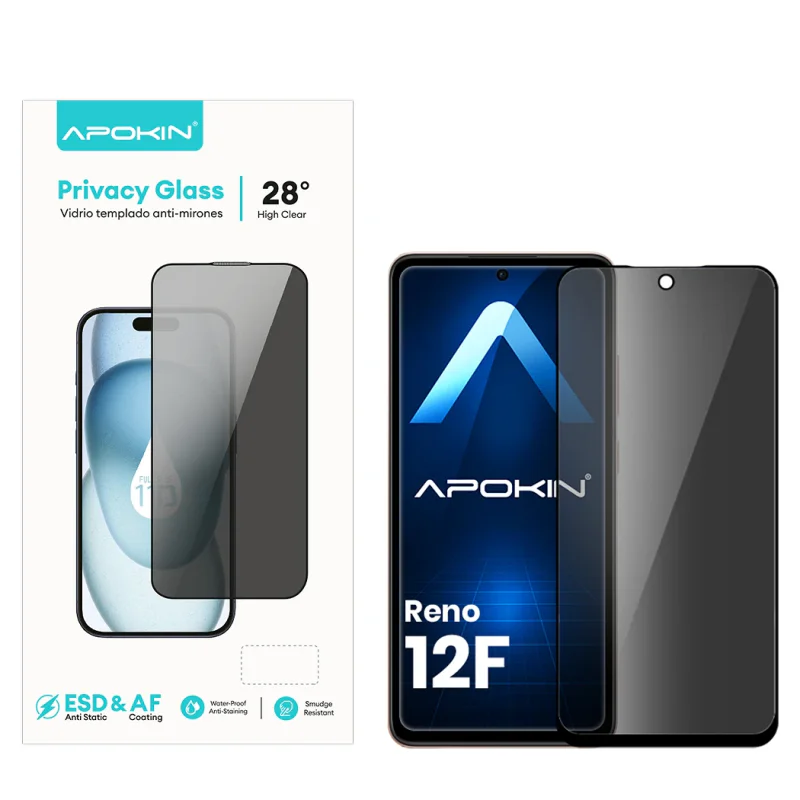 Película de Vidro Temperado de Privacidade Apokin para Oppo Reno 12F 5D Curvo Preto