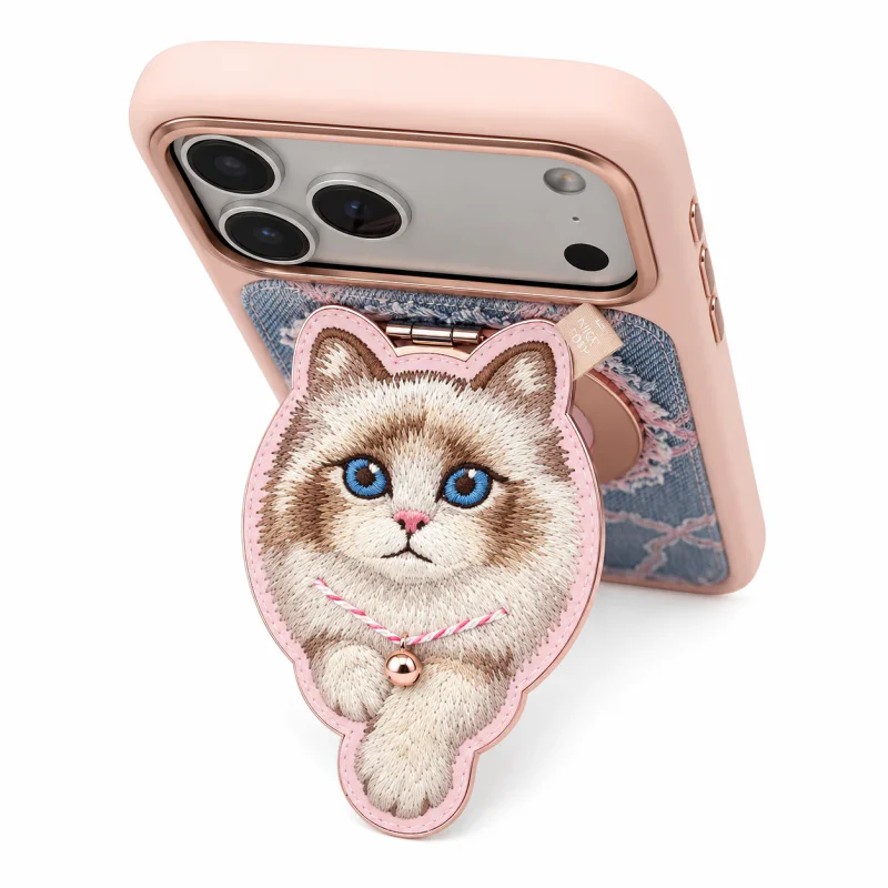 Suporte Magnético Apokin Nimmy Friends em Ganga com Gato Bordado Rosa