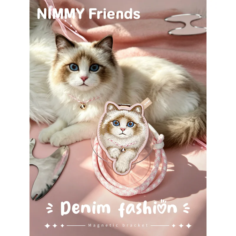 Suporte Magnético Apokin Nimmy Friends em Ganga com Gato Bordado Rosa - Imagem 2