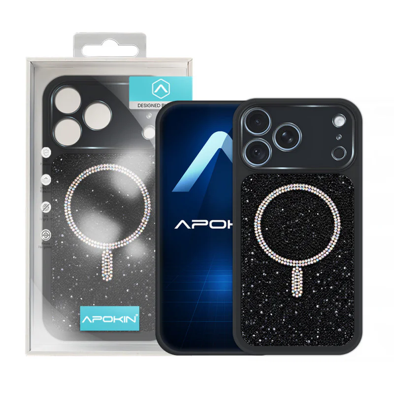 Capa Magnética Apokin com Purpurina e Strass para iPhone 16 Preto