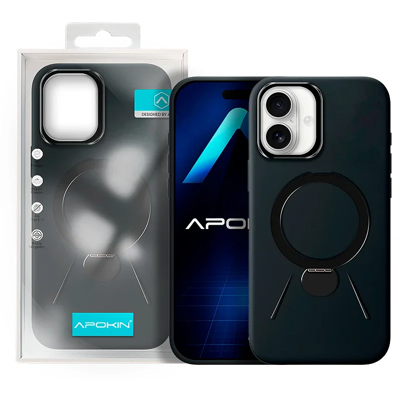 Capa Apokin Rock para iPhone 16 com Anel e Suporte Efeito Carbono Preto