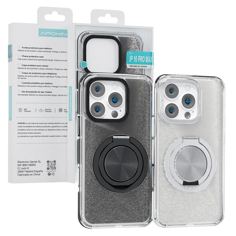 Capa Apokin para iPhone 16 Pro Max com Purpurina e Suporte 360 Graus Preto