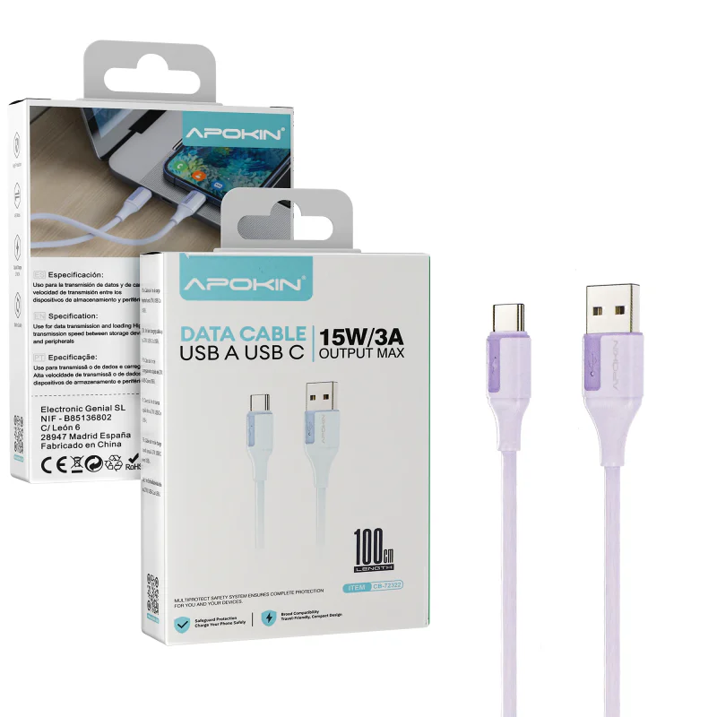 Cabo USB Apokin USB-A para USB-C 15 W 3 A 1 m Lilás