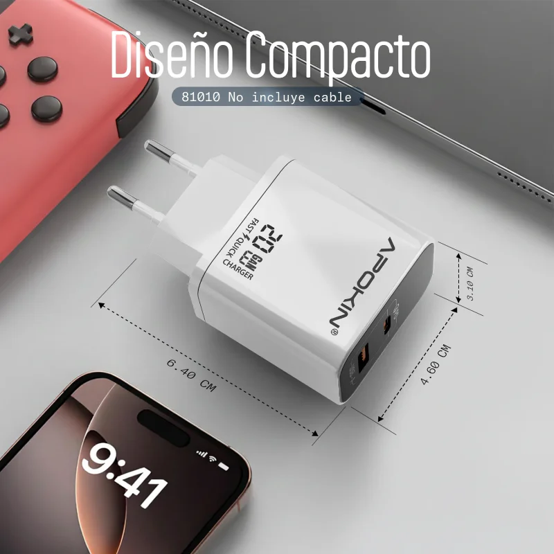 Carregador de Parede Apokin USB-C + USB-A 20 W 3.0 A - Imagem 4