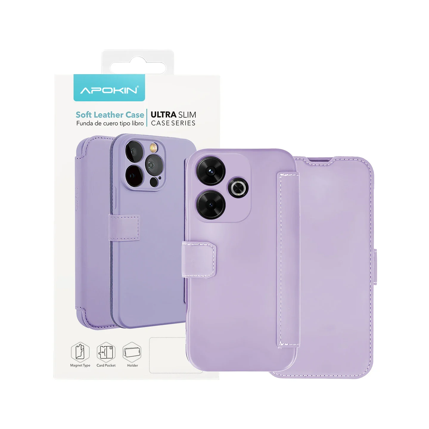 Capa Tipo Livro Apokin para Xiaomi Redmi 13, Couro Macio Ultra Slim Lilás