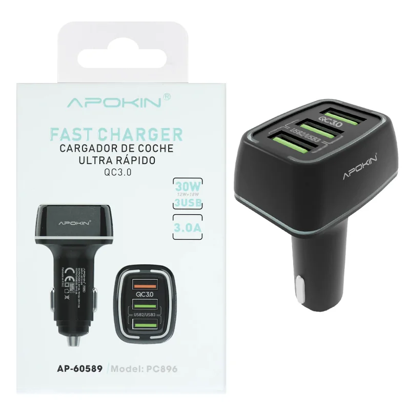 Carregador de Isqueiro Apokin 30 W com Triplo USB Preto