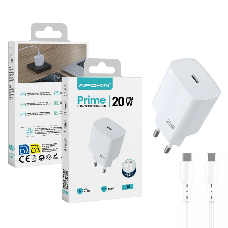 Carregador de Rede Apokin USB-C 20 W com Cabo USB-C para USB-C Branco