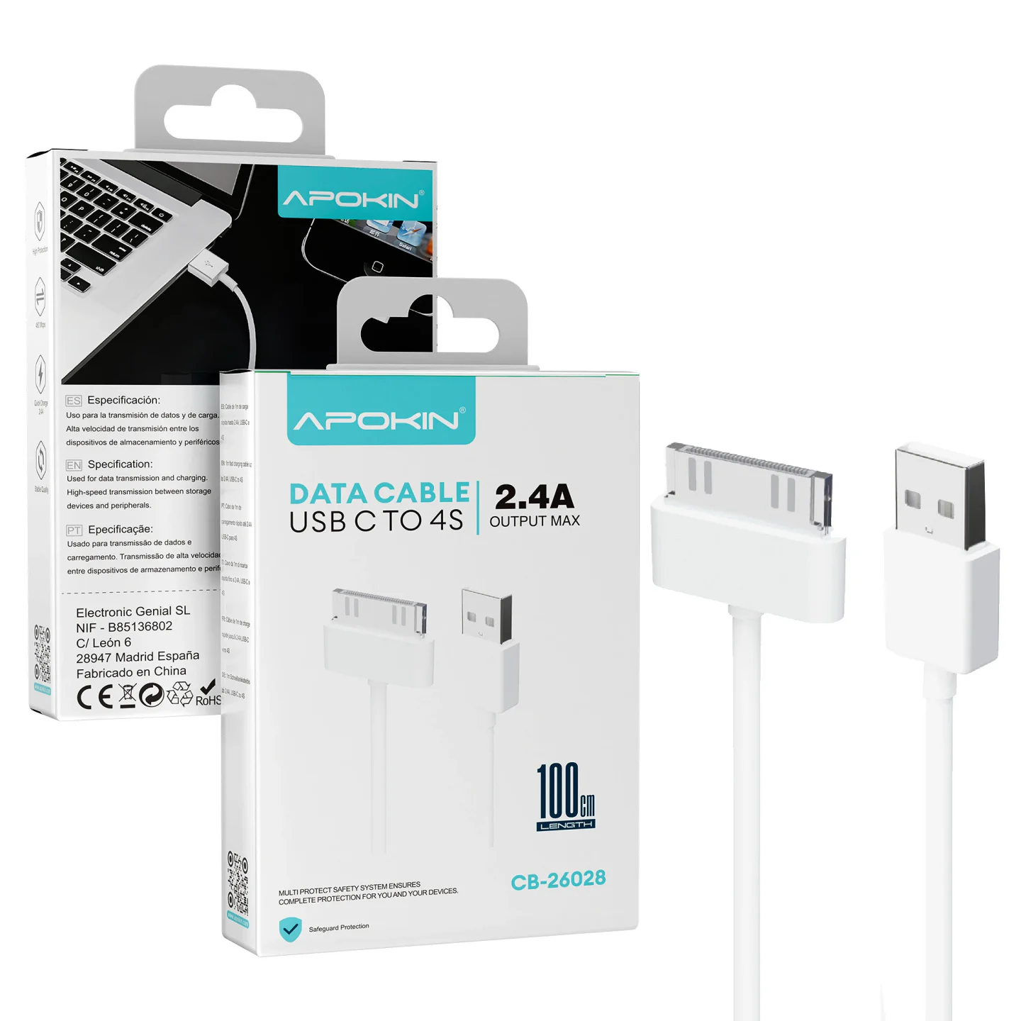 Cabo Apokin USB para iPhone 4/4S 30 Pinos 1 m Branco