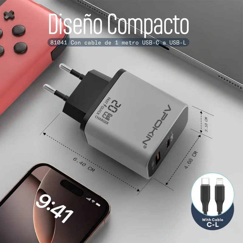 Carregador de Parede Apokin USB-C e USB-A 20 W 3.0 A com Cabo Lightning Vermelho - Imagem 4