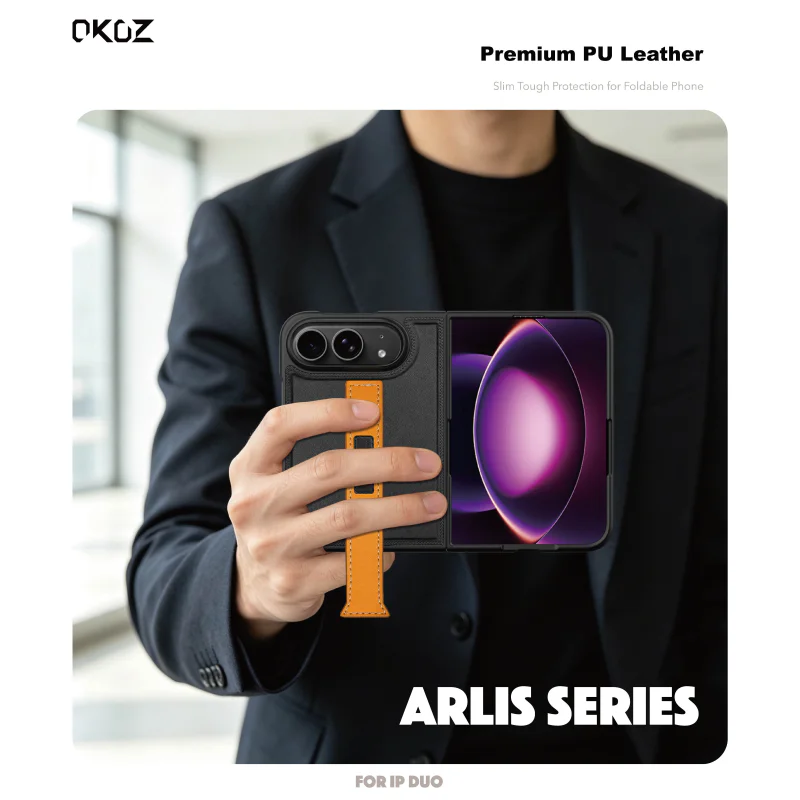 Capa Apokin para iPhone 18 Duo em Pele com Alça Dobrável Azul - Imagem 3