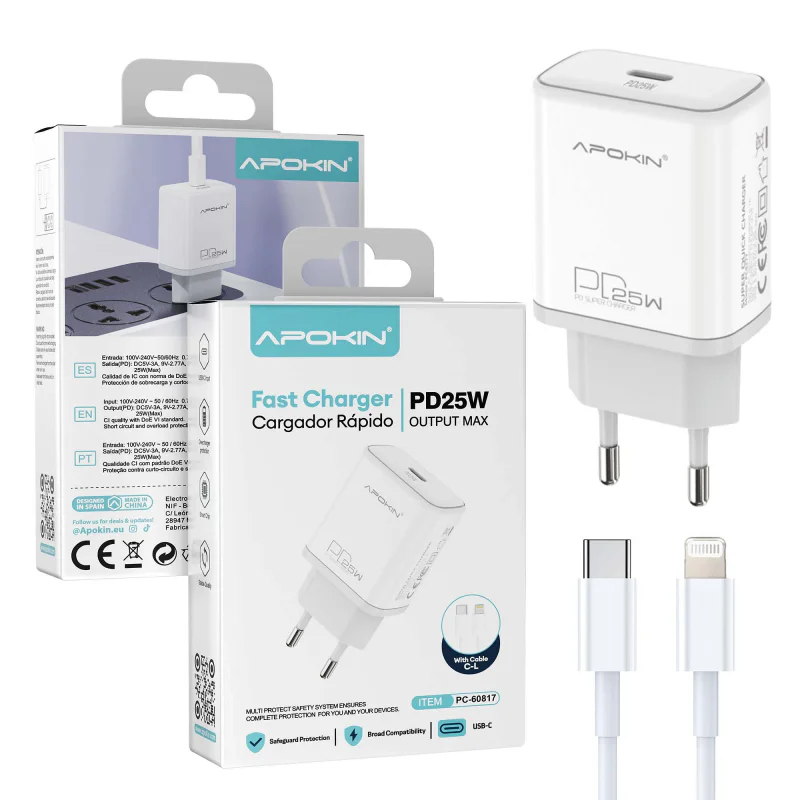 Carregador de Parede Apokin PC827Y com Cabo USB-C PD 25 W 3.0 A Branco