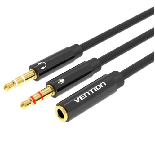 Cabo Áudio Vention 2 em 1 Jack 3,5 mm Macho para 2x Jack 3,5 mm Fêmea 30 cm Preto