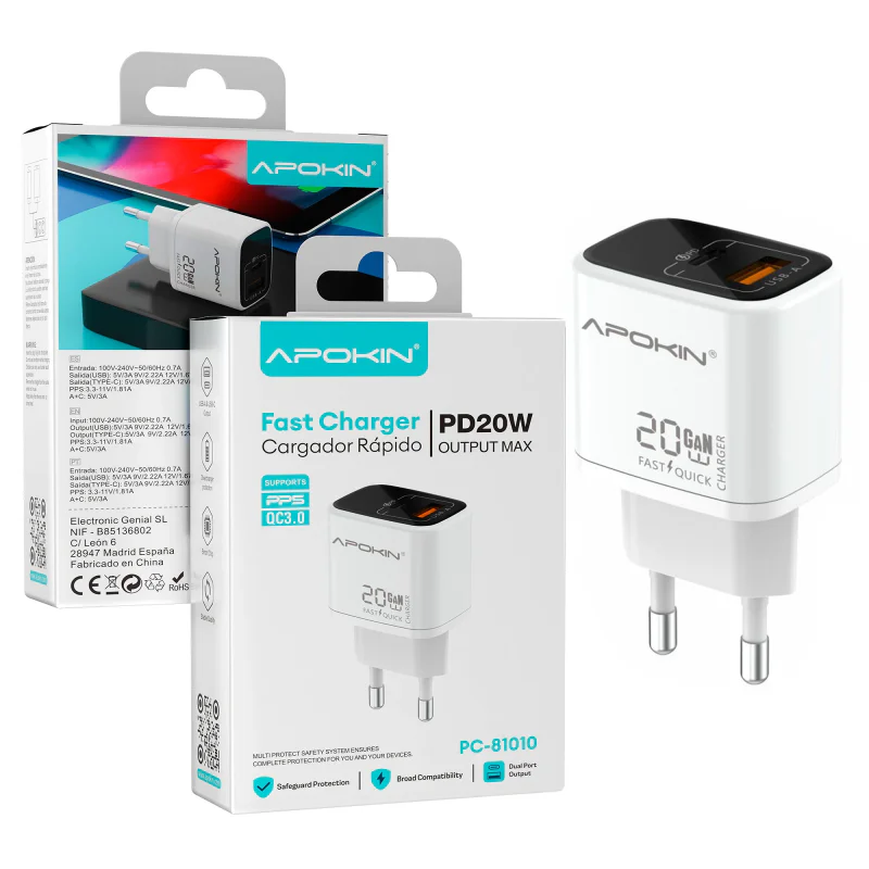 Carregador de Parede Apokin USB-C + USB-A 20 W 3.0 A