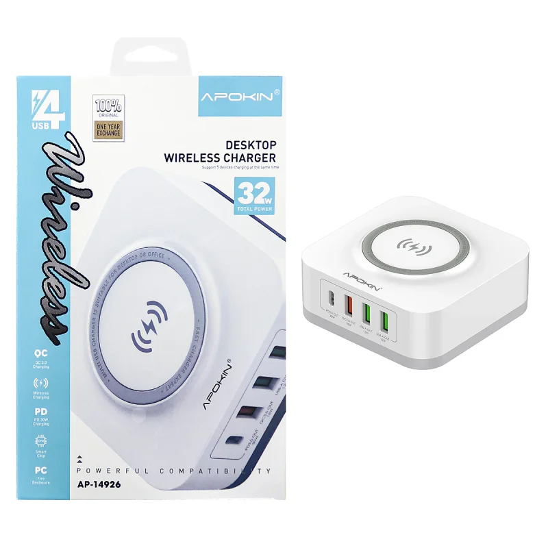 Estação de Carregamento Sem Fios Apokin 32 W com 4 Portas USB