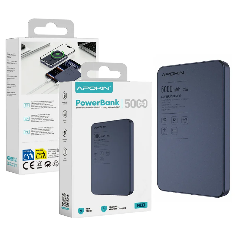 Power Bank Magnético Apokin 5000 mAh com Carregamento Sem Fios e USB-C Azul - Imagem 1