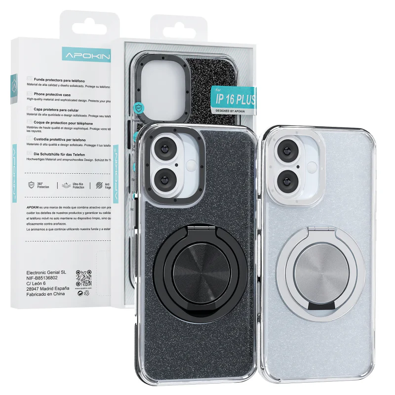 Capa Apokin para iPhone 16 Plus Purpurina com Suporte 360 Preto